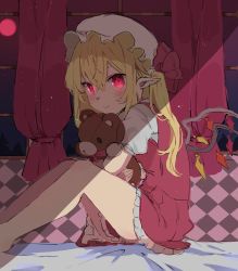 Rule 34 | 1girl, alternate eye color, animal ears, barefoot, bear ears, bed, blonde hair, blush, bow, bowtie, closed mouth, collared shirt, commentary request, crystal, curtains, dress, flandre day, flandre scarlet, frills, grey hat, grey shirt, hair between eyes, hat, hat ribbon, highres, hug, jewelry, looking at another, mob cap, multicolored wings, on bed, one side up, pink eyes, pointy ears, puffy short sleeves, puffy sleeves, purple bow, purple bowtie, purple dress, purple ribbon, ribbon, sasakuea, shirt, short hair, short sleeves, sitting, smile, solo, stuffed animal, stuffed toy, teddy bear, touhou, wall, wings