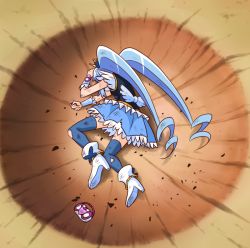 Rule 34 | 1girl, blue hair, blue skirt, blue thighhighs, cure princess, dragon ball, dragonball z, frills, full body, happinesscharge precure!, long hair, lying, magical girl, meme, parody, precure, scratches, shirayuki hime, shoes, skirt, solo, thighhighs, torn clothes, twintails, wrist cuffs, yamcha pose (meme), yuuto (chakokin)