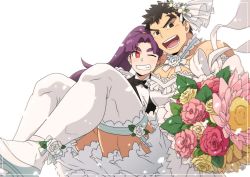Rule 34 | 1boy, 1girl, :d, ;d, bare shoulders, black suit, bouquet, bow, bowtie, bridal legwear, bride, carrying, couple, crossdressing, flower, formal, heads together, hetero, holding, holding bouquet, husband and wife, long hair, male focus, muscular, muscular male, one eye closed, onizuka momoko, open mouth, original, pectoral cleavage, pectorals, princess carry, purple hair, re:ar, ryanpei, short hair, sideburns, sidepec, smile, suit, thick thighs, thighhighs, thighs, tonogawachi tatsuomi, white flower, white thighhighs