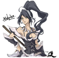 Rule 34 | 1girl, black hair, breasts, character name, dark-skinned female, dark skin, detached sleeves, french maid nidalee, green eyes, hand on own hip, high ponytail, jewelry, kakip, league of legends, long hair, looking at viewer, maid, maid headdress, necklace, nidalee, polearm, signature, simple background, sketch, solo, spear, tooth necklace, weapon, white background