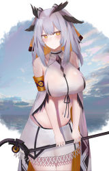 Rule 34 | 1girl, adapted costume, arknights, armband, bare shoulders, breasts, cowboy shot, crop top, detached sleeves, feather hair, grey hair, heart, heart-shaped pupils, highres, holding, holding staff, large breasts, long hair, looking at viewer, midriff, miniskirt, navel, owl ears, ptilopsis (arknights), ru zhai, shirt, skirt, solo, staff, stomach, symbol-shaped pupils, white shirt, white skirt, yellow eyes