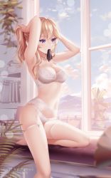 Rule 34 | 1girl, armpits, arms up, bare arms, bare shoulders, blurry, bra, breasts, bunching hair, choker, cross, depth of field, garter belt, genshin impact, hair ribbon, hair tie in mouth, highres, indoors, jean (genshin impact), large breasts, lingerie, long hair, looking away, mouth hold, navel, panties, ponytail, ribbon, rimuu, solo, stomach, thigh strap, thighhighs, thighs, underwear, underwear only, white bra, white panties, white thighhighs, window