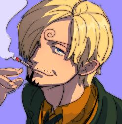 Rule 34 | 1boy, absurdres, black jacket, black necktie, blonde hair, blue eyes, cigarette, commentary, curly eyebrows, english commentary, facial hair, hair over one eye, highres, jacket, long sleeves, male focus, mouth hold, necktie, one piece, orange shirt, purple background, rita ya, sanji (one piece), shirt, short hair, smirk, smoke, smoking, solo