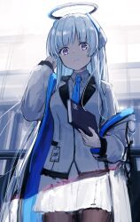 Rule 34 | 1girl, absurdres, blue archive, blue necktie, book, closed mouth, collared shirt, commentary request, cowboy shot, expressionless, formal, grey hair, halo, highres, holding, holding book, id card, jacket, long hair, looking at viewer, matsushika, mechanical halo, miniskirt, necktie, noa (blue archive), open clothes, open jacket, pantyhose, purple eyes, shirt, sidelocks, skirt, solo, suit, two-sided fabric, two-sided jacket, very long hair, white jacket, white shirt, white skirt, white suit