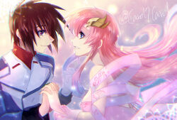 Rule 34 | 1boy, 1girl, blue eyes, breasts, brown hair, closed mouth, couple, dress, eye contact, floating hair, from side, grin, gundam, gundam seed, hair between eyes, hetero, holding hands, interlocked fingers, kira yamato, lacus clyne, long hair, looking at another, medium breasts, military, military uniform, open mouth, pink dress, pink hair, profile, purple eyes, short hair, smile, strapless, strapless dress, twitter username, uniform, yuuka seisen