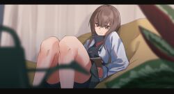 Rule 34 | 1girl, absurdres, bean bag chair, bike shorts, bike shorts under skirt, black shorts, black skirt, blurry, blurry foreground, brown eyes, brown hair, closed mouth, hair between eyes, hato kan, highres, holding, indoors, kantai collection, letterboxed, long sleeves, plant, short hair, shorts, shorts under skirt, sitting, skirt, solo, taihou (kancolle), watering can