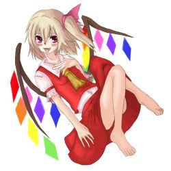 Rule 34 | 1girl, ascot, bad id, bad pixiv id, blonde hair, blouse, fang, fangs, female focus, flandre scarlet, full body, hiruno, legs, lowres, lying, ribbon, shirt, simple background, solo, touhou, white background, white shirt, wings, yellow ascot