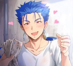 Rule 34 | 1boy, blue hair, blush, cu chulainn (fate), earrings, fang, fate/stay night, fate (series), heart, jewelry, cu chulainn (fate/stay night), long hair, male focus, money, open mouth, out of frame, ponytail, prostitution, red eyes, smile, solo focus, yami no naka