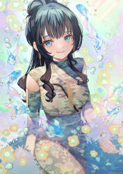 Rule 34 | 1girl, birthday, black hair, blue eyes, breasts, bubble, commentary, earrings, fish, gogat8, highres, jewelry, light smile, long hair, medium breasts, mizuki nana, mole, mole under mouth, necklace, real life, solo focus, twitter username, voice actor, water