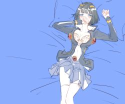 Rule 34 | 1girl, black hair, blue eyes, bob cut, bruno bucciarati, bug, covering own mouth, genderswap, genderswap (mtf), hair ornament, hand over own mouth, highres, insect, jojo no kimyou na bouken, ladybug, lying, on back, on bed, pillow, pleated skirt, skirt, thighhighs, white thighhighs