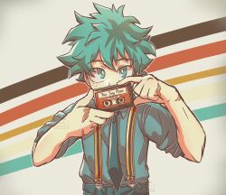 Rule 34 | 1boy, absurdres, artist name, boku no hero academia, bunnnyui, cassette tape, commentary, covered mouth, english commentary, english text, freckles, green eyes, green hair, highres, holding, long sleeves, looking at viewer, male focus, midoriya izuku, necktie, scar, scar on hand, school uniform, shirt, short hair, simple background, solo, spiked hair, u.a. school uniform, white background