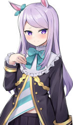 Rule 34 | 1girl, animal ears, black jacket, black skirt, blue bow, blue ribbon, blush, bow, closed mouth, commentary request, ear ribbon, hand up, horse ears, jacket, kohakope, long sleeves, looking at viewer, mejiro mcqueen (umamusume), pleated skirt, purple eyes, purple hair, ribbon, simple background, skirt, sleeves past wrists, smile, solo, umamusume, white background
