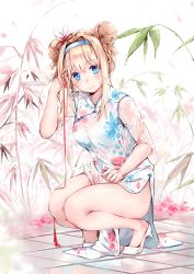 Rule 34 | 1girl, absurdres, bamboo, bare legs, blonde hair, blue eyes, blue hairband, blush, breasts, china dress, chinese clothes, closed mouth, clothes between thighs, commentary, day, dema hmw, double bun, dress, earrings, floral print, full body, girls&#039; frontline, glint, hair between eyes, hair bun, hair ornament, hairband, hand in own hair, high heels, highres, jewelry, long hair, looking at viewer, md5 mismatch, medium breasts, outdoors, pelvic curtain, resolution mismatch, ring, sidelocks, snowflake hair ornament, solo, source smaller, squatting, string, string of fate, suomi (girls&#039; frontline), wet, wet clothes, white footwear