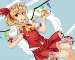 Rule 34 | 1girl, alicethebrabbito, ascot, blonde hair, blue background, doily, dress shirt, fangs, fingernails, flandre scarlet, food, hat, hat ribbon, looking at viewer, mob cap, nail polish, name connection, object namesake, open mouth, plate, pudding, puffy short sleeves, puffy sleeves, reclining, red eyes, ribbon, shirt, short sleeves, side ponytail, simple background, skirt, skirt set, solo, spoon, touhou, vest, whipped cream, wings