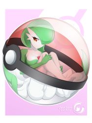 Rule 34 | 1girl, artist name, barefoot, blush, border, breasts, closed mouth, collarbone, creatures (company), female focus, game freak, gardevoir, gen 3 pokemon, green hair, hair over one eye, half-closed eyes, highres, knees up, looking to the side, medium breasts, nintendo, no pussy, orcaleon, poke ball, poke ball (basic), poke ball symbol, pokemon, pokemon (creature), purple background, red eyes, short hair, simple background, sitting, solo, transparent, two-tone background, watermark, white border