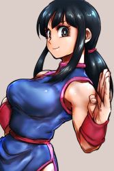 Rule 34 | 1girl, bare shoulders, black hair, breasts, brown eyes, chi-chi (dragon ball), chinese clothes, close-up, dragon ball, dragon ball (classic), dress, eyelashes, fingernails, grey background, hand on own hip, hand up, kemachiku, looking at viewer, ponytail, salute, simple background, sleeveless, sleeveless dress, smile, solo, upper body, wristband