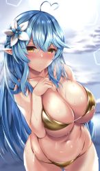 Rule 34 | 1girl, ahoge, bikini, blue hair, blush, breasts, circussion, cleavage, closed mouth, elf, flower, hair between eyes, hair flower, hair ornament, half updo, heart, heart ahoge, hololive, huge breasts, long hair, looking at viewer, multicolored hair, navel, open mouth, pointy ears, smile, solo, streaked hair, swimsuit, very long hair, virtual youtuber, wet, yellow bikini, yellow eyes, yukihana lamy