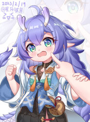 Rule 34 | 1girl, :o, bailu (honkai: star rail), blue hair, cheek poking, chinese clothes, commentary request, detached sleeves, dragon, dragon girl, dragon horns, eastern dragon, gourd, green eyes, hair between eyes, highres, honkai: star rail, honkai (series), horns, hoshitsuki higan, long hair, long sleeves, looking at viewer, pointy ears, poking, pov, sidelocks, simple background, wide sleeves, zoom layer