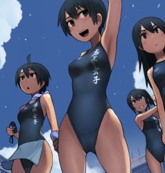 Rule 34 | 4girls, ahoge, armpits, black eyes, black hair, black one-piece swimsuit, blue sky, breasts, building, clothes writing, cloud, commentary request, competition swimsuit, cowboy shot, day, from below, gluteal fold, goggles, unworn goggles, hair between eyes, highleg, highleg swimsuit, holding, holding goggles, kuronami (lvi), long hair, looking at viewer, lvi, matching outfits, mizuno (brand), multiple girls, one-piece swimsuit, one-piece tan, open mouth, original, outdoors, short hair, side ponytail, sky, small breasts, stretching, swim cap, unworn swim cap, swimming goggles, swimsuit, swimsuit writing, tan, tanline, teeth, triangular headpiece, upper teeth only