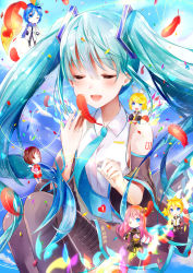 Rule 34 | 1girl, :d, ;), absurdres, black skirt, black sleeves, black thighhighs, blonde hair, blue card, blue eyes, blue hair, blue neckwear, blush, bow, brown eyes, brown hair, character doll, closed eyes, crop top, detached sleeves, feathers, floating hair, hair bow, hatsune miku, highres, holding, huge filesize, kagamine len, kagamine rin, kaito (vocaloid), long hair, megurine luka, meiko (vocaloid), miniskirt, necktie, one eye closed, open mouth, pink hair, red feathers, red skirt, shirt, short hair, skirt, sleeveless, sleeveless shirt, smile, thighhighs, tsukasa (pixiv34617881), twintails, very long hair, vocaloid, white bow, white shirt