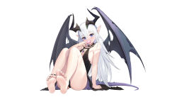 Rule 34 | 1girl, absurdres, arm support, bare legs, barefoot, black dress, black nails, blush, candy, chinese commentary, clover theater, commentary request, demon girl, demon horns, demon tail, demon wings, dress, fafnir (clover theater), feet, food, full body, hair between eyes, highres, holding, holding candy, holding food, holding lollipop, horns, knees up, legs, lollipop, long hair, looking at viewer, nail polish, pointy ears, purple eyes, sitting, sleeveless, sleeveless dress, soles, solo, tail, takanoriha kasui, toenail polish, toenails, toes, very long hair, white background, wings