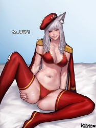 Rule 34 | 1girl, animal ears, arm support, artist name, ass grab, bad id, bad pixiv id, bed sheet, beret, bikini, blue background, breasts, cat ears, cleavage, commission, dungeon and fighter, epaulettes, grabbing own ass, grin, hat, highres, jacket, jacket on shoulders, kidmo, large breasts, lips, long hair, looking at viewer, navel, nose, red bikini, red eyes, red thighhighs, shiny skin, silver hair, simple background, sitting, smile, solo, spread legs, swimsuit, tgurneu, thighhighs, very long hair