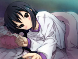 Rule 34 | 1girl, afterglow, alternate hairstyle, bed, black hair, blurry, blush, brown eyes, depth of field, foreshortening, hair down, k-on!, long hair, looking at viewer, lying, nakano azusa, on bed, on side, outstretched arm, outstretched hand, pajamas, pillow, pov, pov across bed, reaching, ryunnu, smile, solo