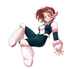 1girl absurdres blue_bodysuit bodysuit boku_no_hero_academia boots brown_eyes brown_hair commentary_request grin headset highres medium_hair multicolored_bodysuit pink_bodysuit piyo_(tzdn7222) simple_background smile solo superhero_costume teeth uraraka_ochaco white_background