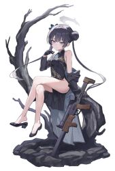 1girl bare_shoulders black_dress black_gloves black_hair blue_archive blush braid braided_bun breasts butterfly_hair_ornament china_dress chinese_clothes coat double_bun dragon_print dress eisuto gloves grey_coat grey_eyes gun hair_bun hair_ornament half_gloves halo highres kisaki_(blue_archive) long_hair long_sleeves looking_at_viewer off_shoulder pelvic_curtain pinstripe_pattern short_dress side_slit sitting small_breasts smile solo striped_coat tree twintails vertical-striped_coat weapon