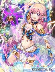 Rule 34 | 1girl, armlet, bracelet, breasts, chaos blade (oratta), cleavage, jewelry, long hair, looking at viewer, mace, midriff, official art, pink eyes, pink hair, shina shina, solo, thighlet, water, weapon