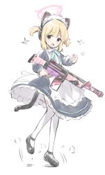 Rule 34 | 1girl, animal ear headphones, animal ears, apron, black dress, black footwear, blonde hair, blue archive, blush, cat tail, dress, fake animal ears, frilled apron, frills, full body, gun, halo, headphones, highres, holding, holding gun, holding weapon, kokekokko coma, long sleeves, looking at viewer, maid, maid apron, maid headdress, momoi (blue archive), momoi (maid) (blue archive), motion lines, official alternate costume, open mouth, pink halo, red eyes, shoes, short hair, simple background, solo, tail, thighhighs, weapon, white apron, white background, white thighhighs