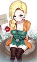 Rule 34 | 1girl, absurdres, apple, belt, bianca (dq5), black thighhighs, blonde hair, blue eyes, blush, braid, breasts, cleavage, dragon quest, dragon quest v, earrings, eyelashes, food, fruit, grass, greatmosu, hair over shoulder, highres, holding, holding food, holding fruit, jewelry, long hair, rock, signpost, single braid, sitting, smile, solo, thighhighs