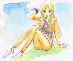 Rule 34 | 1990s (style), 1girl, ass, blonde hair, blue eyes, celes chere, detached sleeves, female focus, final fantasy, final fantasy vi, full body, jacket, long hair, outdoors, sitting, sky, smile, solo, terryterry