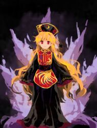 Rule 34 | 1girl, black dress, black headwear, blonde hair, bright pupils, closed mouth, commentary request, dress, fire, flat chest, full body, junko (touhou), kaigen 1025, long dress, long hair, long sleeves, looking at viewer, phoenix crown, purple fire, red eyes, red tabard, sleeves past fingers, sleeves past wrists, smile, solo, tabard, touhou, white pupils