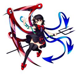 Rule 34 | 1girl, ahoge, asymmetrical wings, black dress, black hair, black thighhighs, blue wings, bow, bowtie, center frills, closed mouth, dress, footwear bow, frills, full body, game cg, highres, holding, houjuu nue, looking at viewer, pointy ears, polearm, red bow, red bowtie, red eyes, red footwear, red wings, rotte (1109), short hair, simple background, smile, snake armband, solo, thighhighs, third-party source, touhou, touhou lostword, trident, weapon, white background, wings