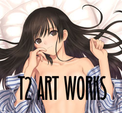 Rule 34 | 1girl, bare shoulders, bed sheet, black eyes, black hair, blush, breasts, brown eyes, brown hair, long hair, lying, nipples, on back, open clothes, pajamas, small breasts, smile, solo, tony taka