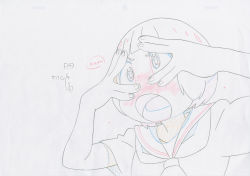 Rule 34 | 10s, 1girl, :d, blush, color trace, commentary, covered eyes, covered face, dress, highres, key frame, kill la kill, mankanshoku mako, no nose, official art, open mouth, partially colored, production art, promotional art, sailor dress, short hair, simple background, sketch, smile, trigger (company), uniform, white background