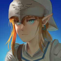 Rule 34 | 1boy, armor, blonde hair, blue background, gradient background, green eyes, hair between eyes, helmet, highres, link, long hair, male focus, nintendo, pointy ears, psp26958748, shoulder plates, soldier&#039;s set (zelda), solo, the legend of zelda, the legend of zelda: breath of the wild, tunic
