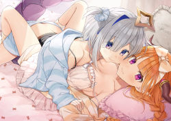 Rule 34 | 2girls, alternate costume, amane kanata, asymmetrical docking, bare shoulders, bed sheet, blue shorts, blunt bangs, blush, bow, braid, breast press, breasts, butt crack, camisole, cleavage, frills, girl on top, hair bow, hair ornament, hair scrunchie, halo, highres, hololive, horns, kiryu coco, knees up, lace trim, long hair, looking at viewer, lying, medium breasts, multiple girls, omaru (0marufestival), on back, on bed, one side up, orange hair, pillow, pointy ears, purple eyes, scrunchie, shorts, silver hair, single braid, small breasts, spread legs, strap slip, tail, virtual youtuber, white bow