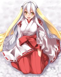 Rule 34 | 1girl, :d, alric, alstroemeria (flower knight girl), bow, flower knight girl, full body, japanese clothes, kimono, kneeling, long hair, looking at viewer, miko, open mouth, red bow, smile, solo, veil, waist bow, white hair, yellow eyes