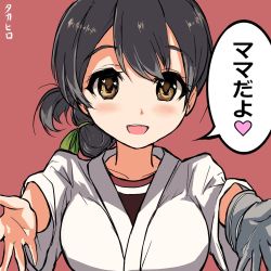 Rule 34 | 10s, 1girl, alternate breast size, artist name, black hair, blue ribbon, brown eyes, folded ponytail, gloves, hair ribbon, japanese clothes, kantai collection, kasuga maru (kancolle), long hair, looking at viewer, outstretched arms, reaching, reaching towards viewer, red background, ribbon, simple background, single glove, solo, swept bangs, takahiro (rikky), upper body