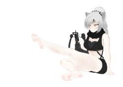 Rule 34 | 1girl, animal ears, arknights, barefoot, blush, bow (weapon), crossbow, feet, long hair, ponytail, scarf, schwarz (arknights), silver hair, soles, toes, weapon, yellow eyes