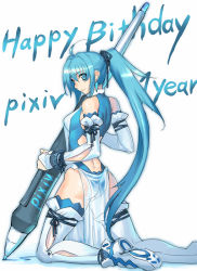 Rule 34 | 1girl, ahoge, ankle ribbon, arm ribbon, ass, back, bare shoulders, blue eyes, blue hair, bracelet, bridal gauntlets, buttons, clothing cutout, dimples of venus, earrings, english text, from side, hair between eyes, hair intakes, hair ribbon, halterneck, happy birthday, high ponytail, jewelry, kneeling, leg ribbon, leotard, light smile, long hair, looking at viewer, looking back, matching hair/eyes, outline, oversized object, pen, pixiv, pixiv-tan, ponytail, ran&#039;ou (tamago no kimi), ribbon, see-through, showgirl skirt, side cutout, skirt, smile, solo, spread legs, thigh ribbon, thighhighs, very long hair, white background, white thighhighs, wrist ribbon, writing