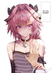 Rule 34 | 2boys, astolfo (fate), bare shoulders, black bow, black gloves, black ribbon, blush, bow, braid, camisole, collar, collarbone, elbow gloves, fate/apocrypha, fate (series), gloves, grey camisole, hair between eyes, hair intakes, hair ribbon, hand on another&#039;s chest, hard-translated, highres, lock, long braid, long hair, looking at viewer, multicolored hair, multiple boys, pink hair, purple eyes, ribbon, shirt, simple background, single braid, smile, solo focus, sparkle, streaked hair, striped clothes, striped shirt, suou-sensei, third-party edit, translated, trap, white background