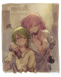 Rule 34 | 2girls, :|, arm around shoulder, artist name, bandaid, bandaid on cheek, bandaid on face, bandaid on nose, blush, bottle, breast press, breasts, center opening, choker, closed mouth, cooking, cup, dated, green eyes, green hair, hair down, hair over one eye, hair ribbon, hand on own hip, height difference, herayoshi, highres, holding, holding bottle, holding cup, holding ladle, kiki (herayoshi), ladle, large breasts, long hair, looking at another, looking away, looking down, multiple girls, one eye covered, original, parted lips, pink hair, puffy short sleeves, puffy sleeves, ribbon, robe, short hair, short sleeves, sidelocks, sideways glance, sleeves pushed up, smile, squiggle, steam, upper body, white robe