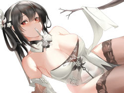 Rule 34 | 1girl, azur lane, black hair, black thighhighs, branch, breasts, chen hai (azur lane), china dress, chinese clothes, cleavage, clothes lift, collarbone, commentary request, covered navel, cowboy shot, detached collar, detached sleeves, dress, dress lift, dutch angle, eyelashes, flower, forehead, hair between eyes, hair flower, hair ornament, hair ribbon, lace, lace-trimmed legwear, lace trim, large breasts, long hair, looking at viewer, mouth hold, pantyhose, red eyes, ribbon, ribbon in mouth, sidelocks, simple background, solo, strapless, strapless dress, thighhighs, thighs, white background, white dress