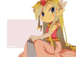 Rule 34 | 1girl, artist name, back, belt, blonde hair, blue eyes, blush, dress, duplicate, floating hair, gloves, jewelry, long dress, long hair, looking at viewer, multicolored hair, necklace, nintendo, pink dress, princess zelda, sitting, solo, the legend of zelda, the legend of zelda: spirit tracks, the legend of zelda: the wind waker, tiara, tokuura, toon zelda