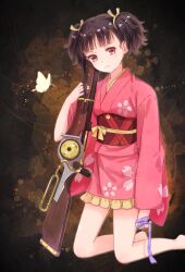 Rule 34 | 1girl, arm at side, bare legs, black hair, bottomless, brown background, bug, butterfly, cherry blossom print, dark background, feet out of frame, floral print, frilled kimono, frills, grey ribbon, gun, hair ribbon, highres, holding, holding gun, holding ribbon, holding weapon, insect, japanese clothes, kimono, kneeling, koutetsujou no kabaneri, lever action, long sleeves, looking at viewer, mumei (kabaneri), obi, over shoulder, pink kimono, print kimono, red eyes, red sash, ribbon, rifle, rirako, sash, short hair, solo, thighs, twintails, weapon, wide sleeves, yellow ribbon