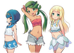 Rule 34 | 3girls, :d, armpits, bare arms, bare shoulders, blonde hair, blue eyes, blue hair, blue shorts, blush, braid, breasts, child, closed mouth, collarbone, collared shirt, creatures (company), crop top, dark-skinned female, dark skin, flower, game freak, green eyes, green hair, grey shorts, hair flower, hair ornament, lana (pokemon), lillie (pokemon), long hair, low twintails, mallow (pokemon), midriff, multiple girls, navel, nekono rin, nintendo, open clothes, open fly, open mouth, open shorts, pokemon, pokemon sm, red flower, round teeth, see-through, shirt, short shorts, shorts, simple background, skirt, sleeveless, sleeveless shirt, small breasts, smile, swept bangs, teeth, twin braids, twintails, unzipped, upper teeth only, very long hair, white background, white shirt, white skirt