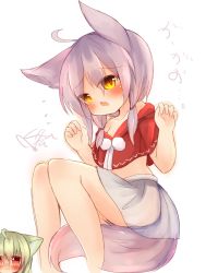 Rule 34 | ahoge, animal ears, arms up, blush, fox ears, fox tail, highres, knees up, legs, long hair, low twintails, midriff, off shoulder, open mouth, original, pink hair, red eyes, red shirt, shirt, silver hair, simple background, skirt, sunapua, tail, twintails, white background, white skirt, yellow eyes